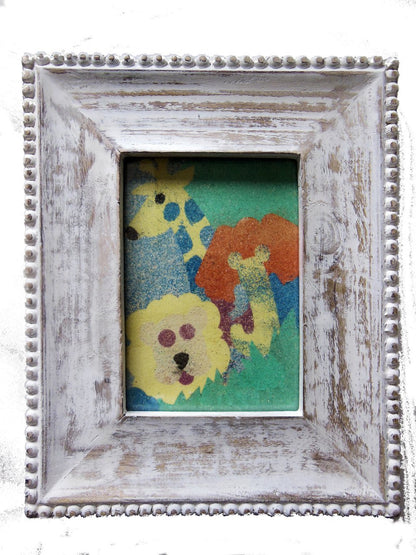 Children's colorful wild animals, sand art framed in wood.