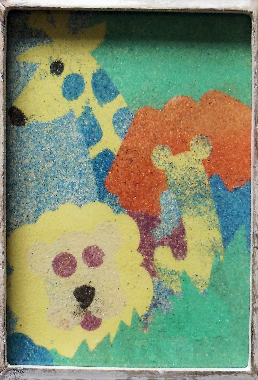 Children's colorful wild animals, sand art framed in wood.